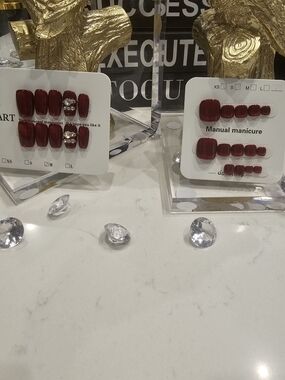 Elegant Deep Red Press-On Nails with Accent Gems, Manicure & Pedicure In One.